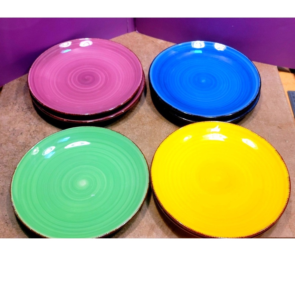 Set 8 Vancasso Stoneware Salad Plates Multi Color Spiral 7.5 Inch Hand Painted